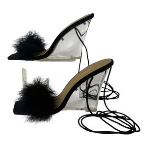 Fashion Nova "As If" Square-Toe Wedges Feather Detailing Ankle Wrap Womens 8.5